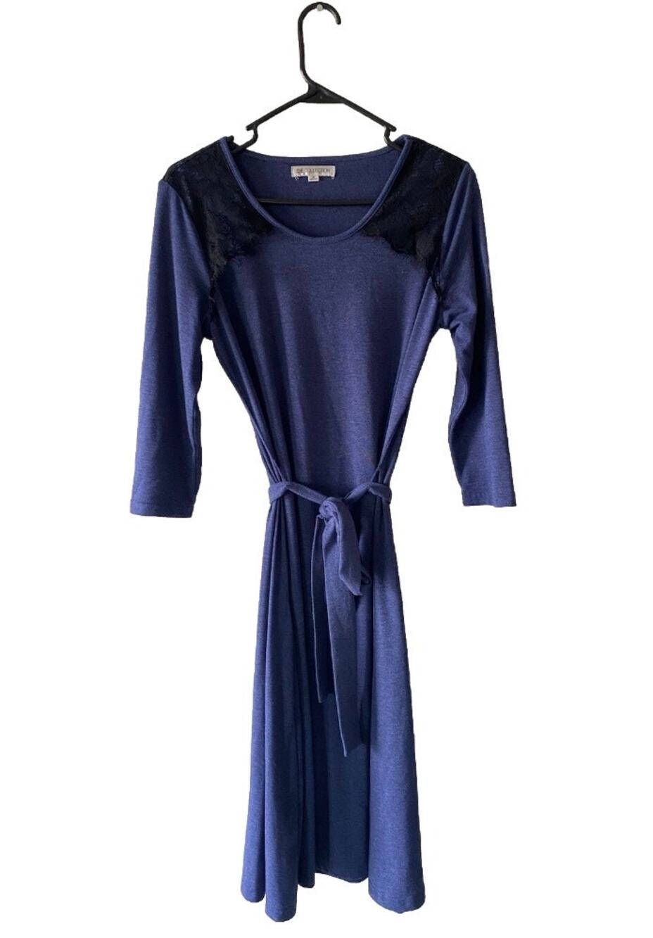 Downeast Blue Midi Dress with Black Lace Shoulder Detailing and Tie Waist Sz M